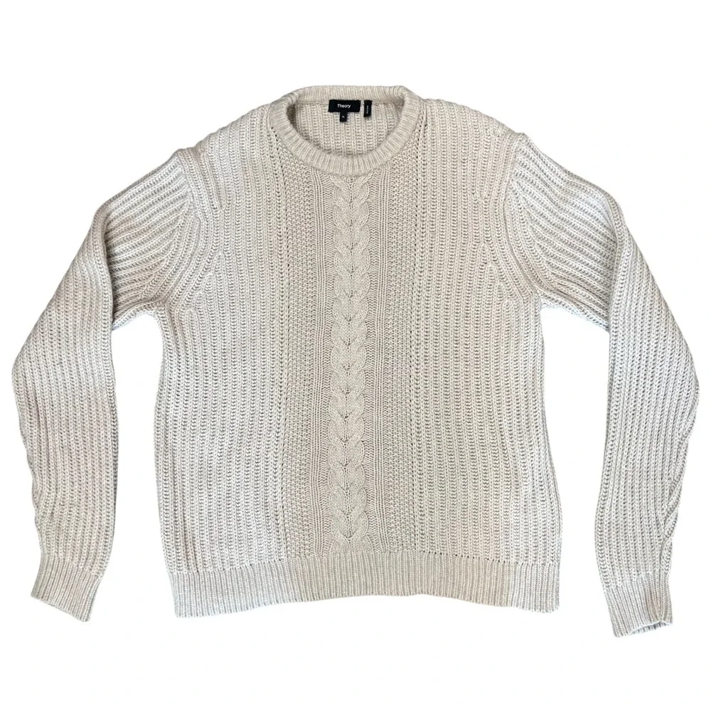 Theory Mens Vilare C Crew Dane Wool Cashmere Cable Knit Sweater Tan XL Fisherman